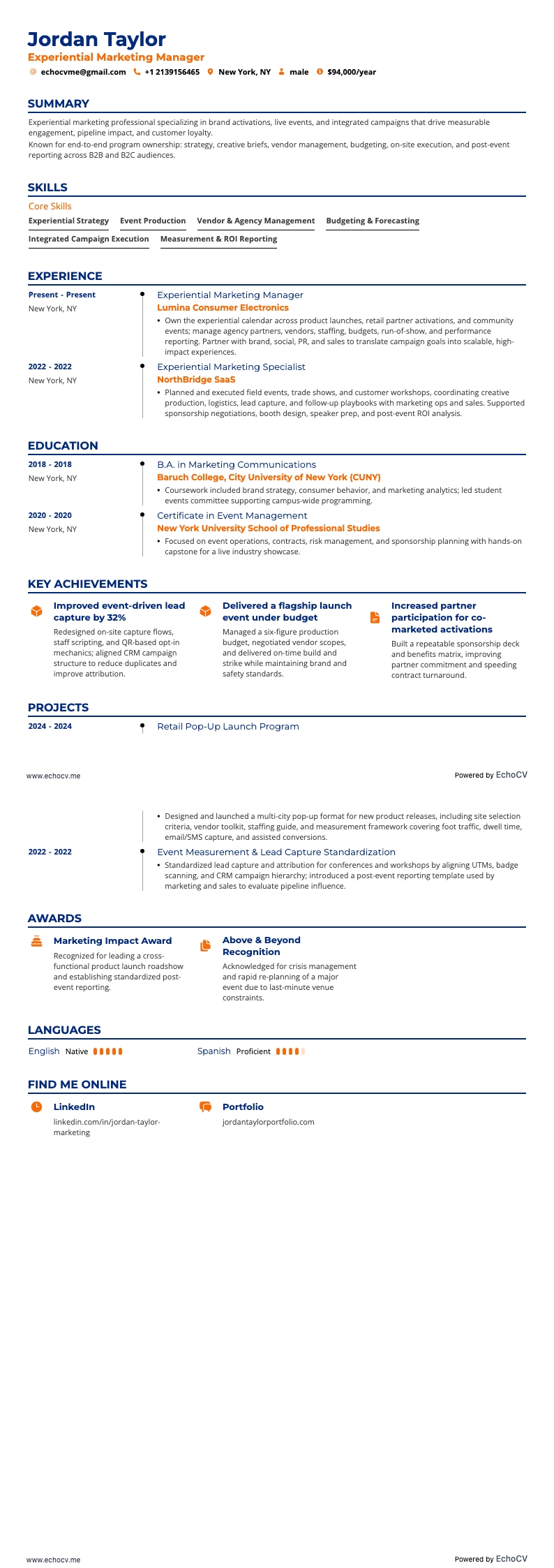 Experiential marketing example resume