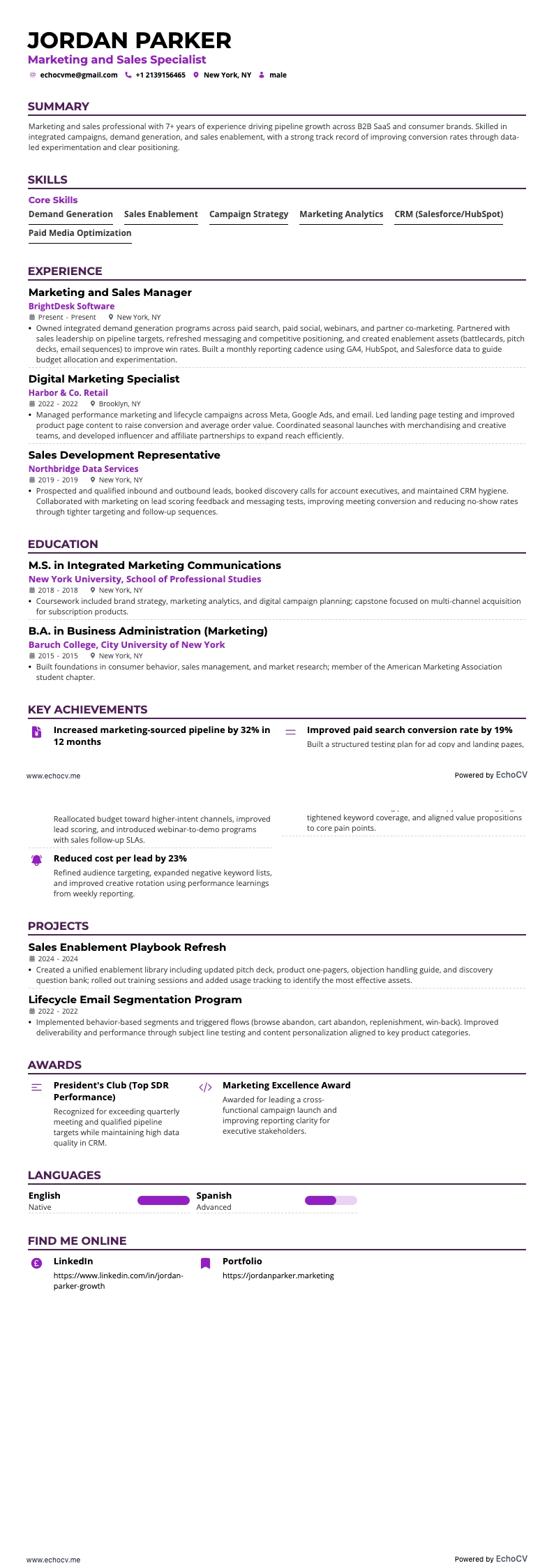 Marketing en Verkoop example resume