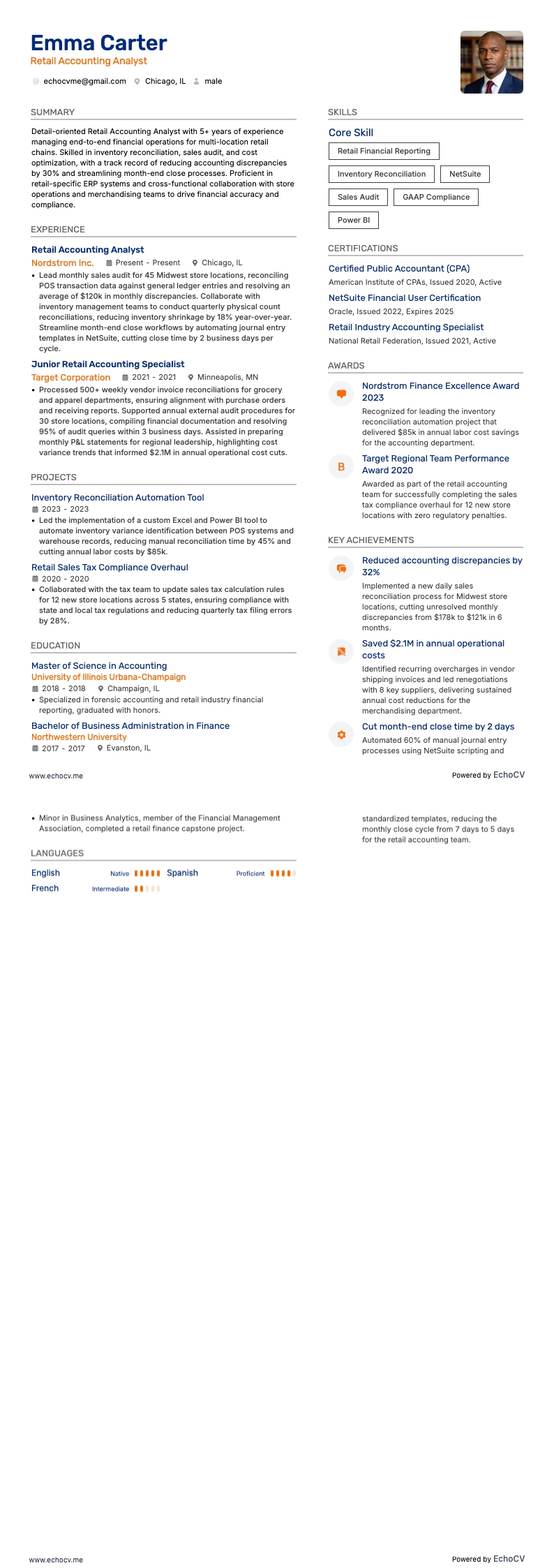 Analyste comptable retail example resume
