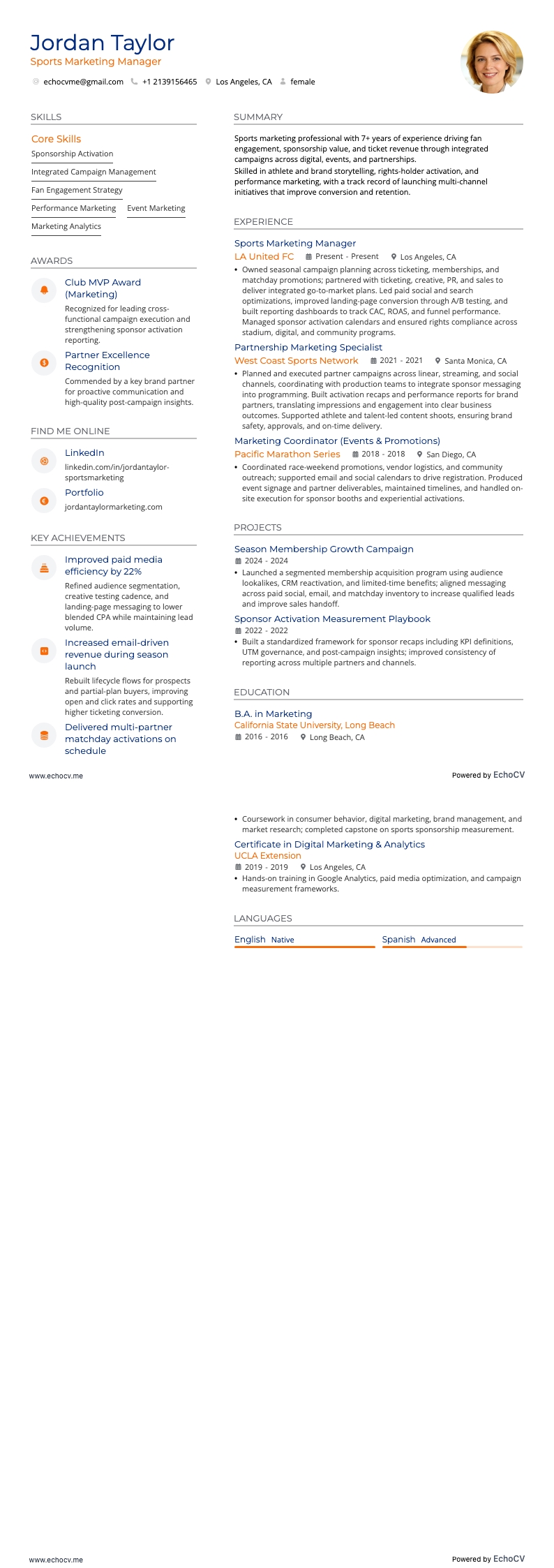 Sportmarketing example resume