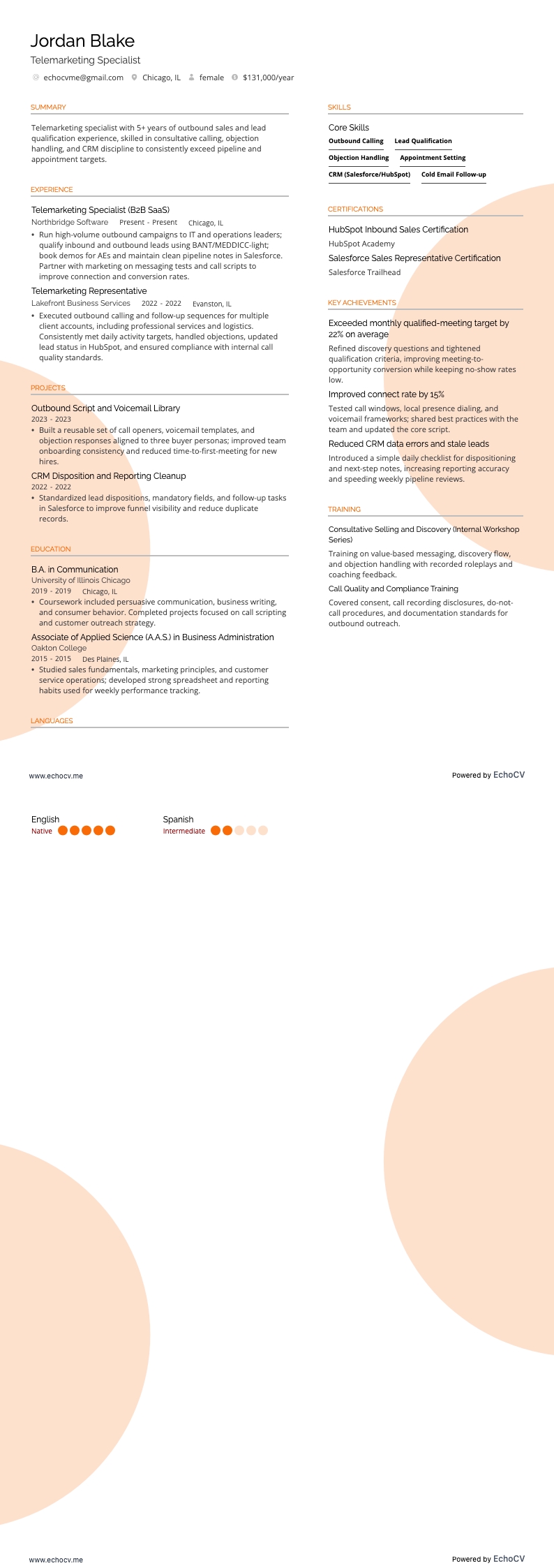 Telemarketing example resume