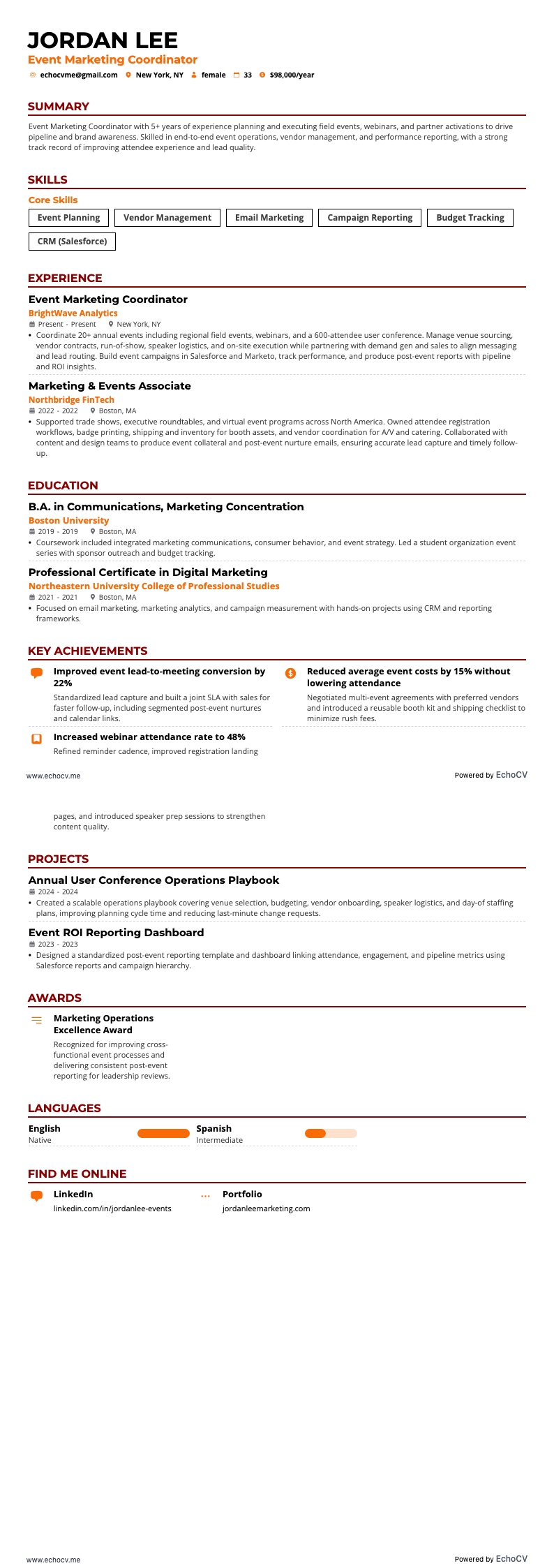 Coördinator eventmarketing example resume