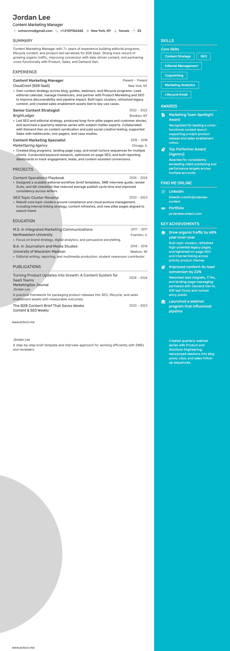 Contentmarketingmanager example resume