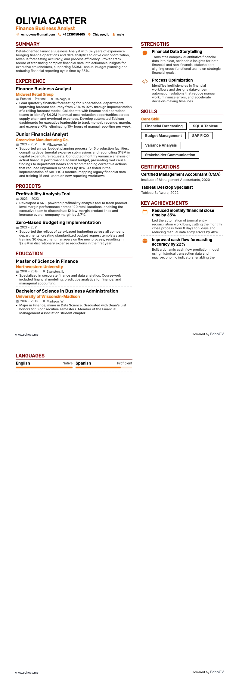 Finance Business Analyst example resume