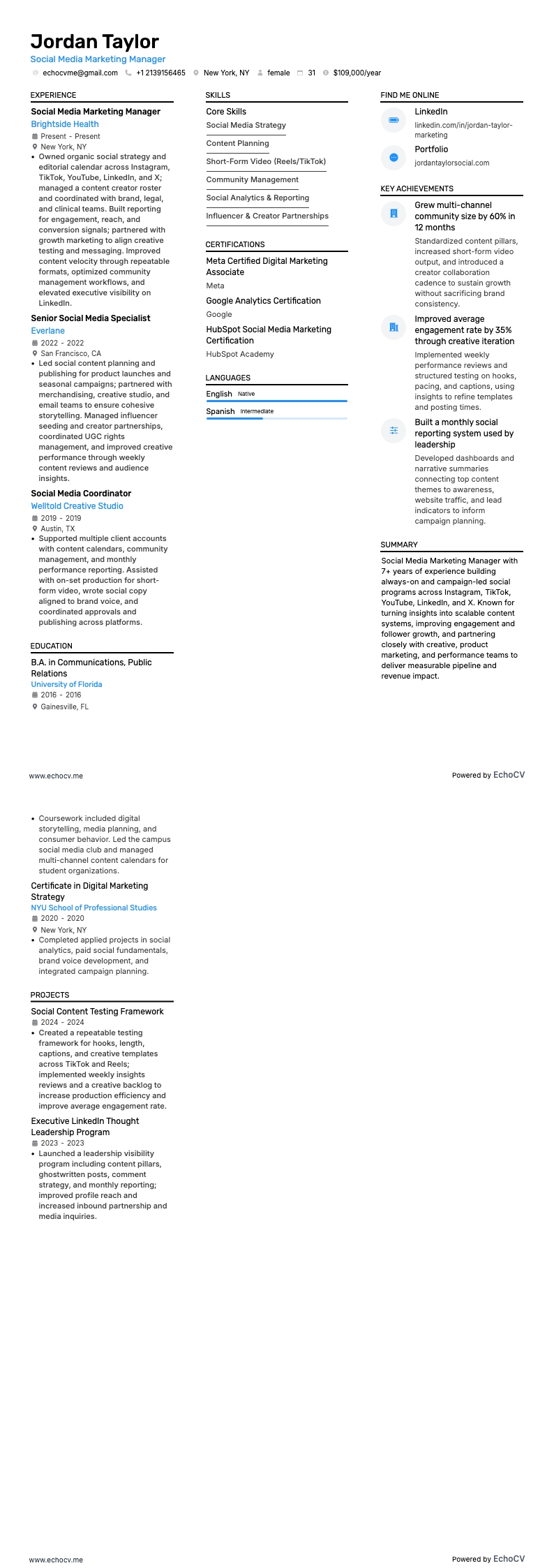 Social media marketingmanager example resume