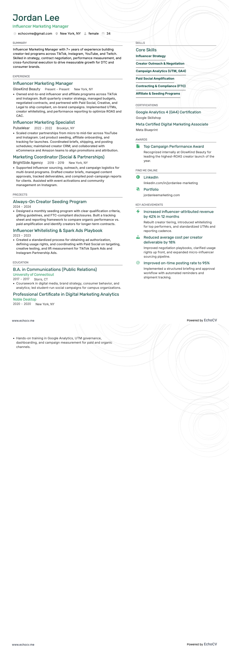 Influencer marketingmanager example resume