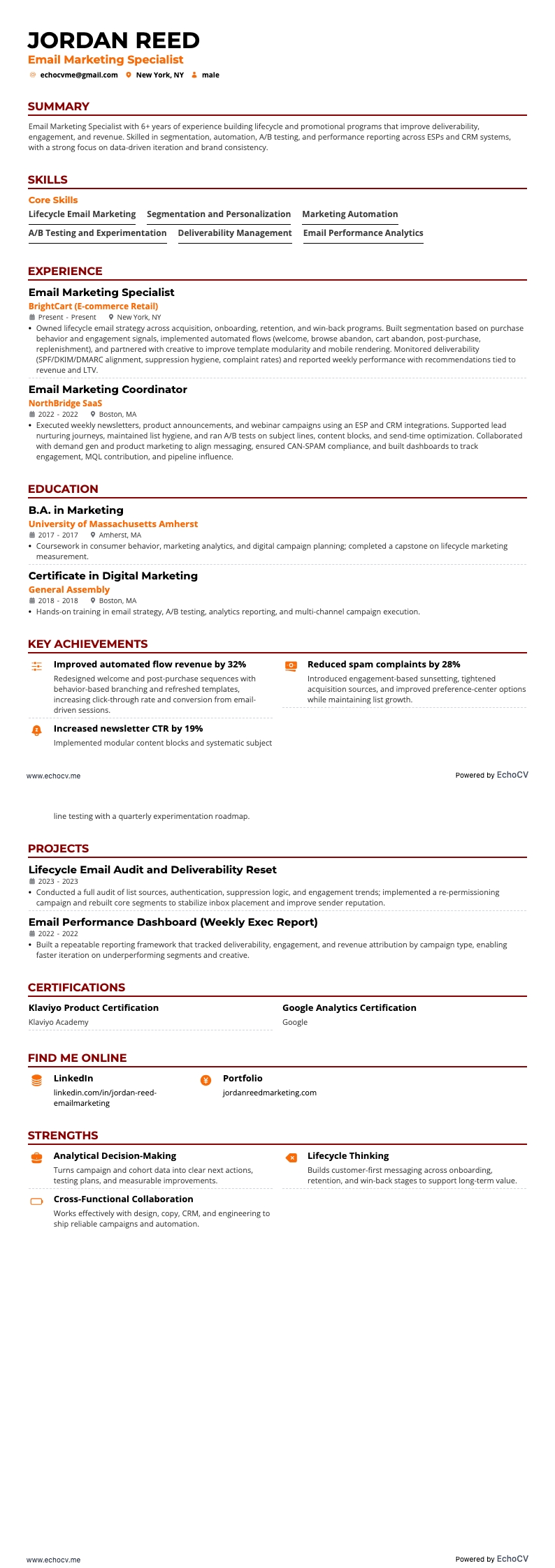 E-mailmarketingspecialist example resume