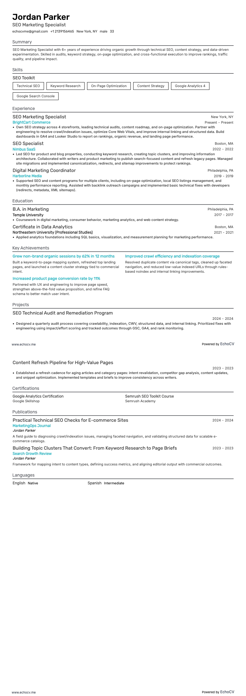 SEO-marketing specialist example resume
