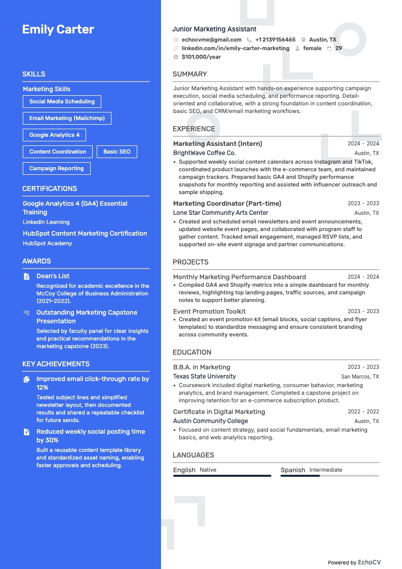 Junior marketingassistent volledige voorbeeldweergave