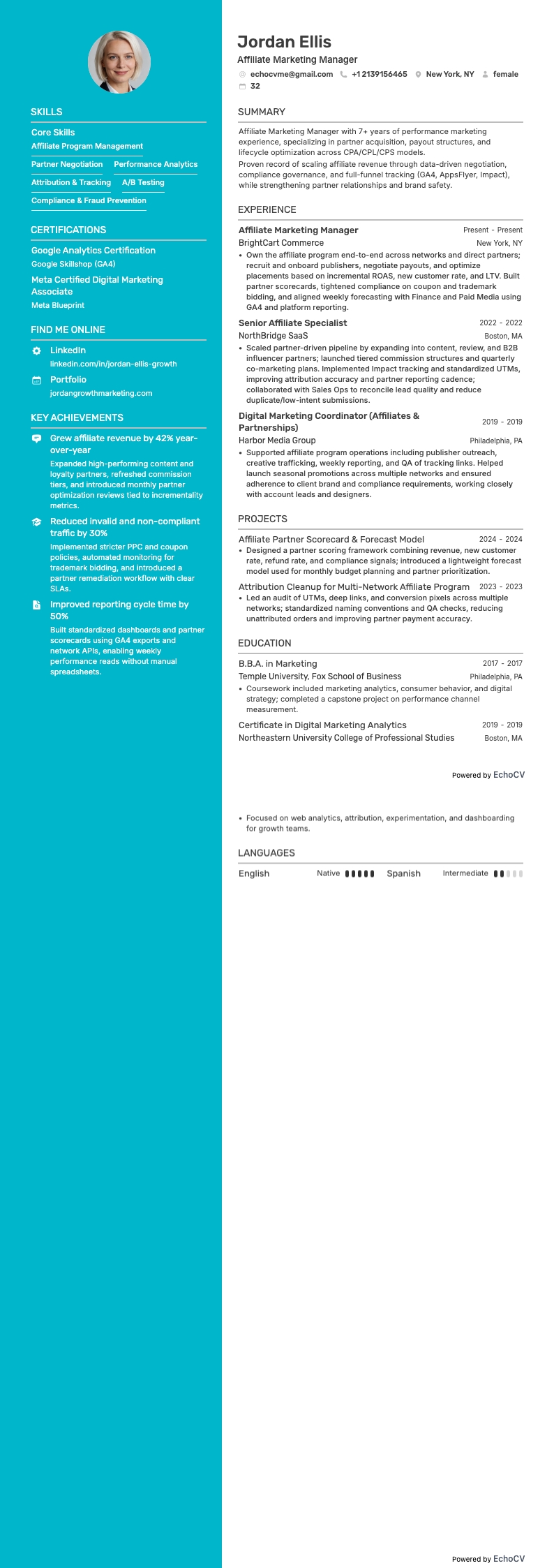 Quản lý Tiếp thị Liên kết example resume