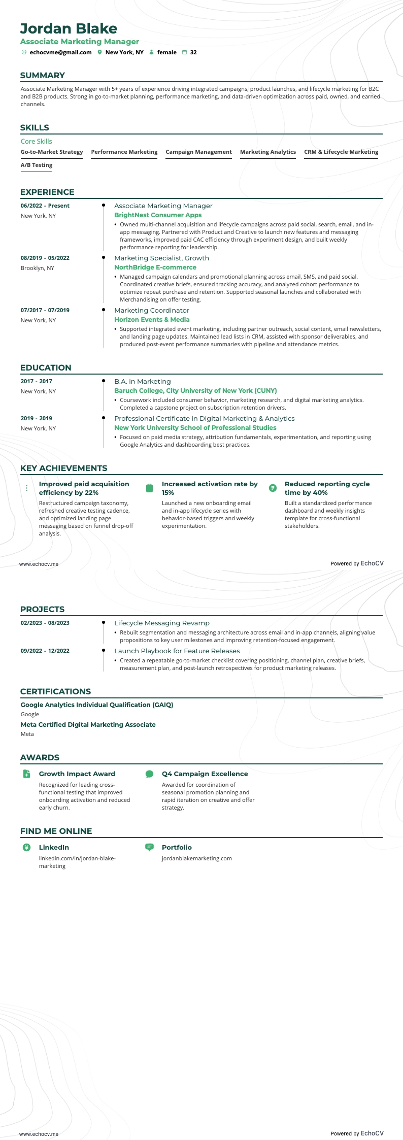 Phó Quản lý Marketing example resume