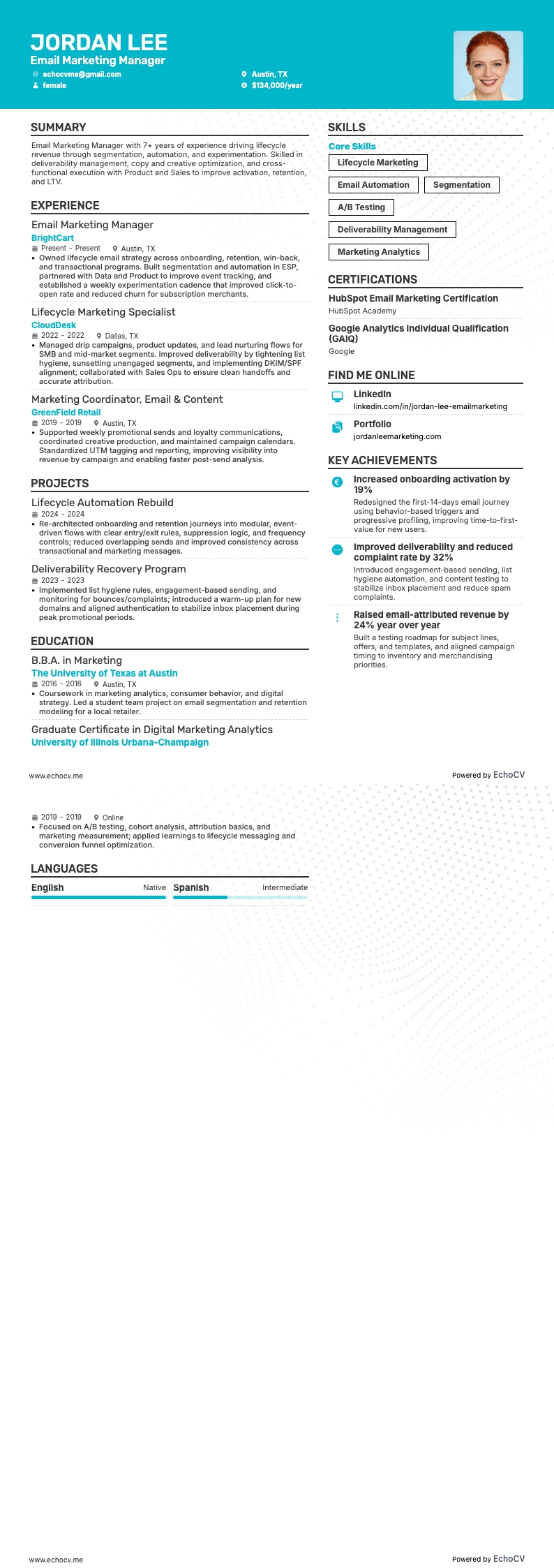 Quản lý Marketing qua Email example resume