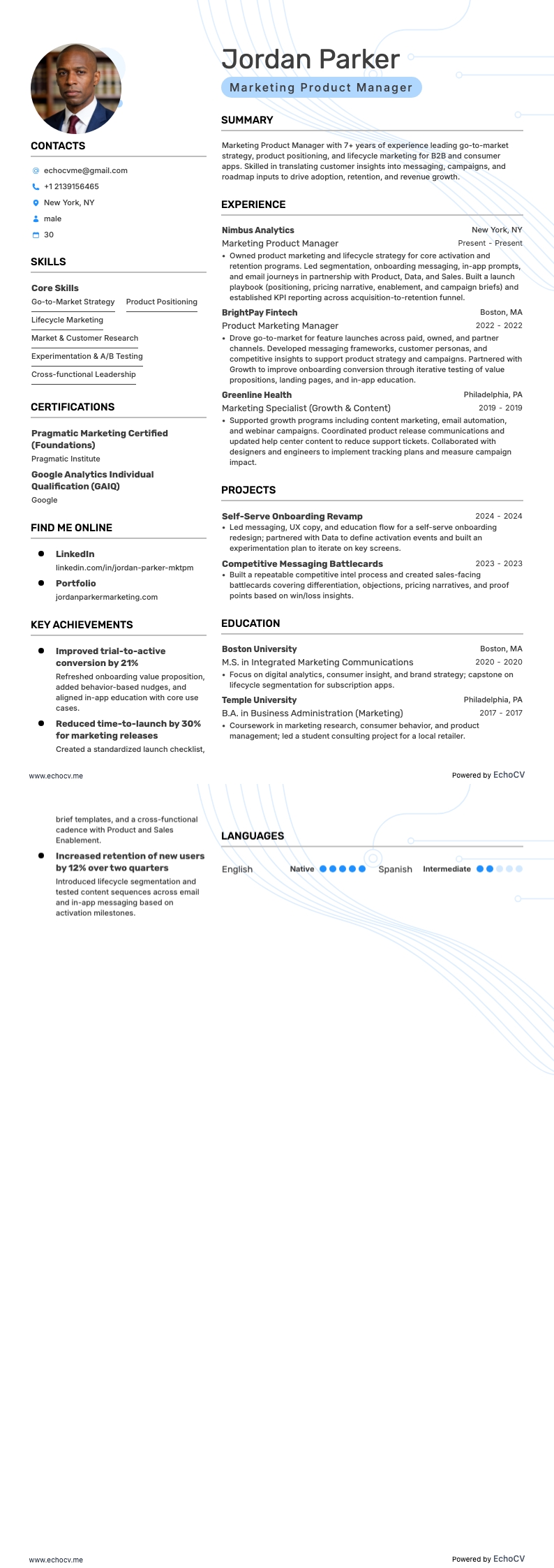 Quản lý Sản phẩm Marketing example resume