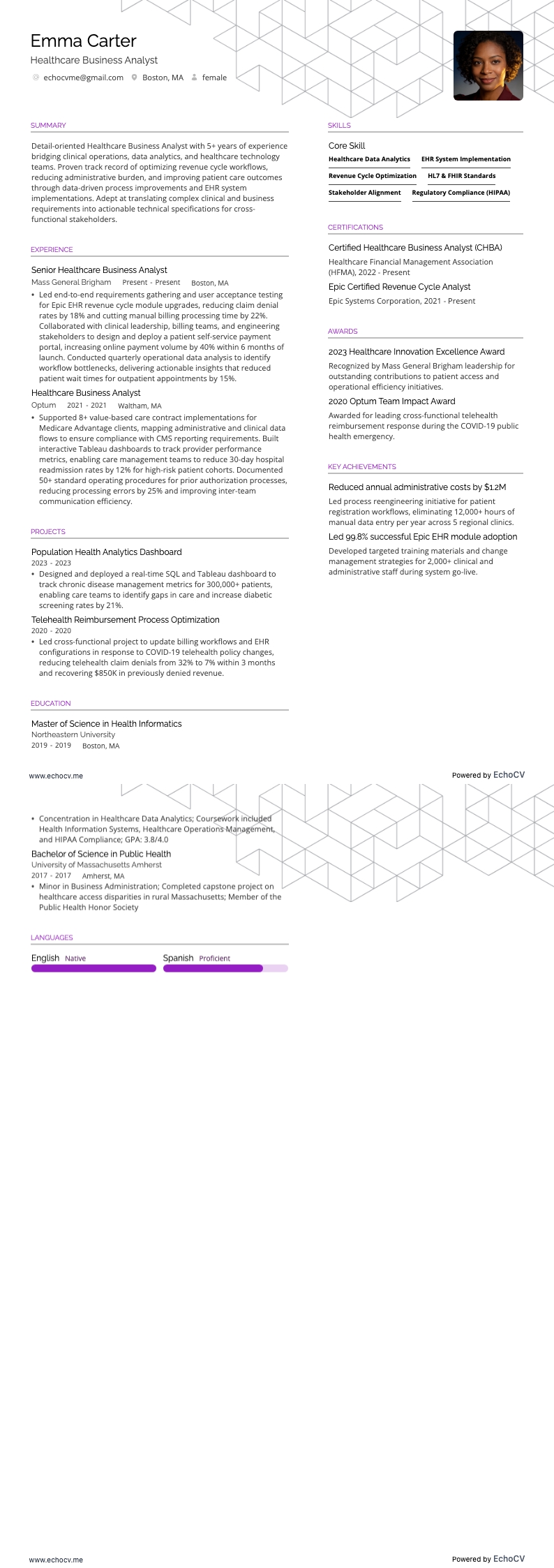 Healthcare Business Analyst example resume