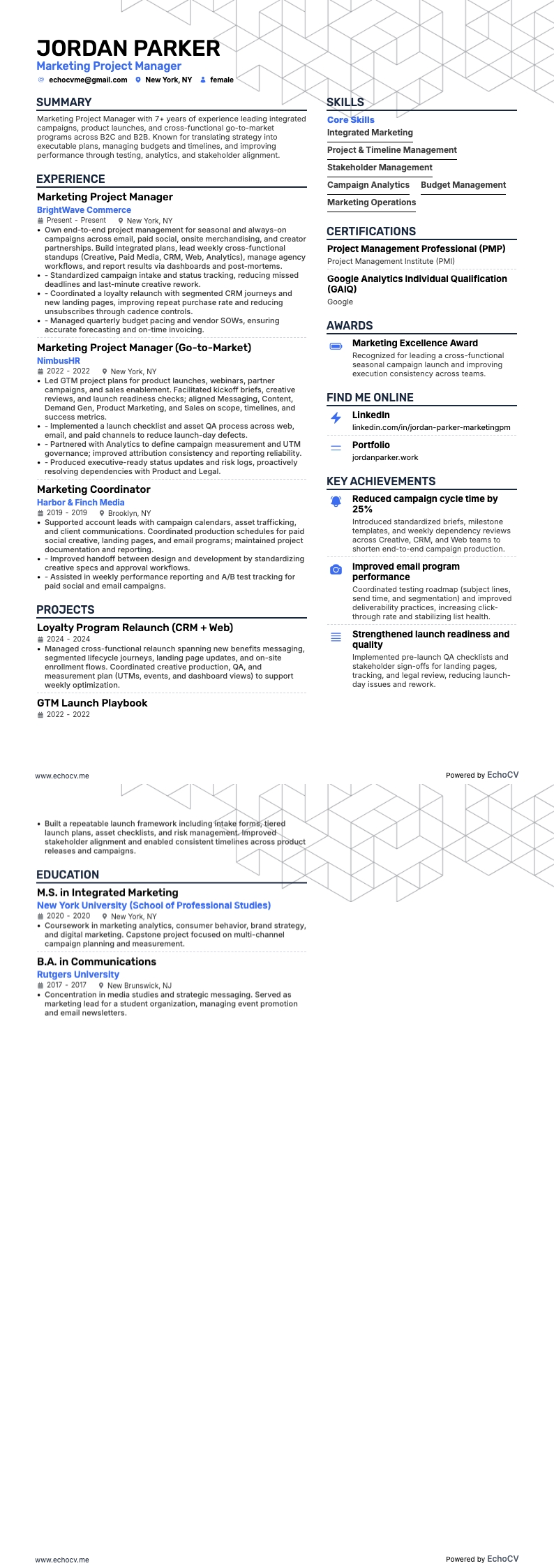 Quản lý dự án marketing example resume