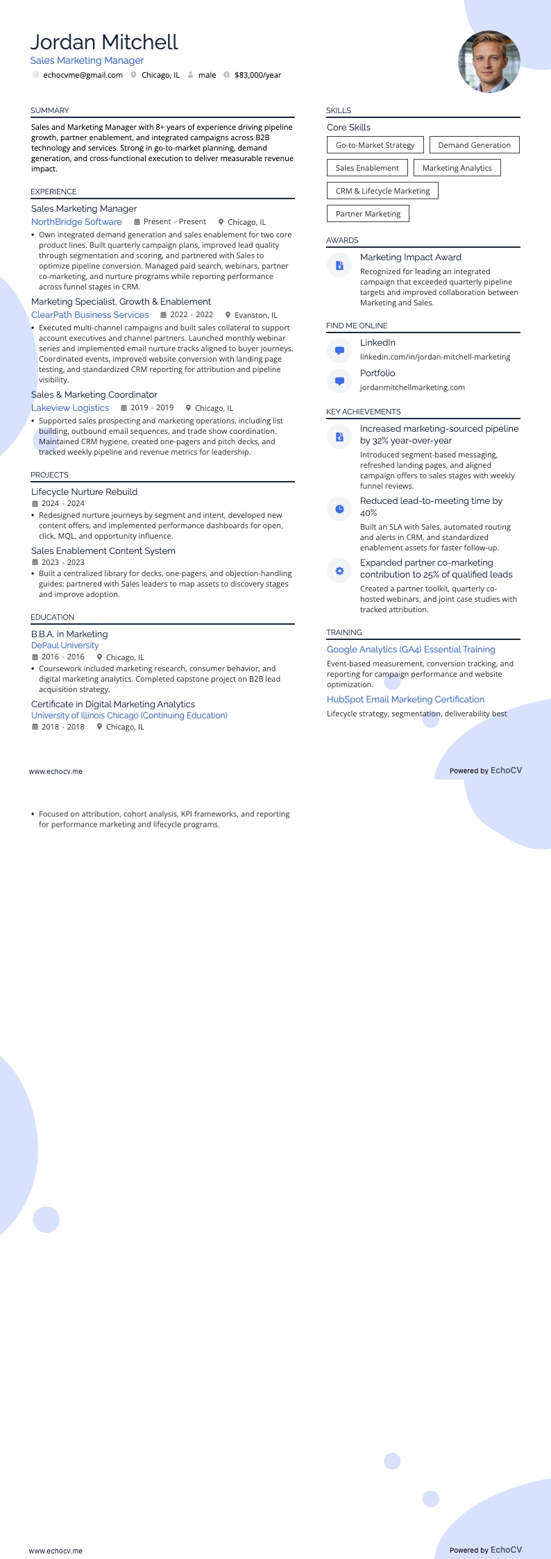 Quản lý Kinh doanh và Tiếp thị example resume