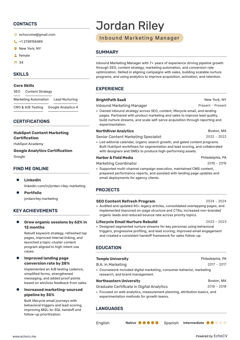 Quản lý Marketing Inbound example resume