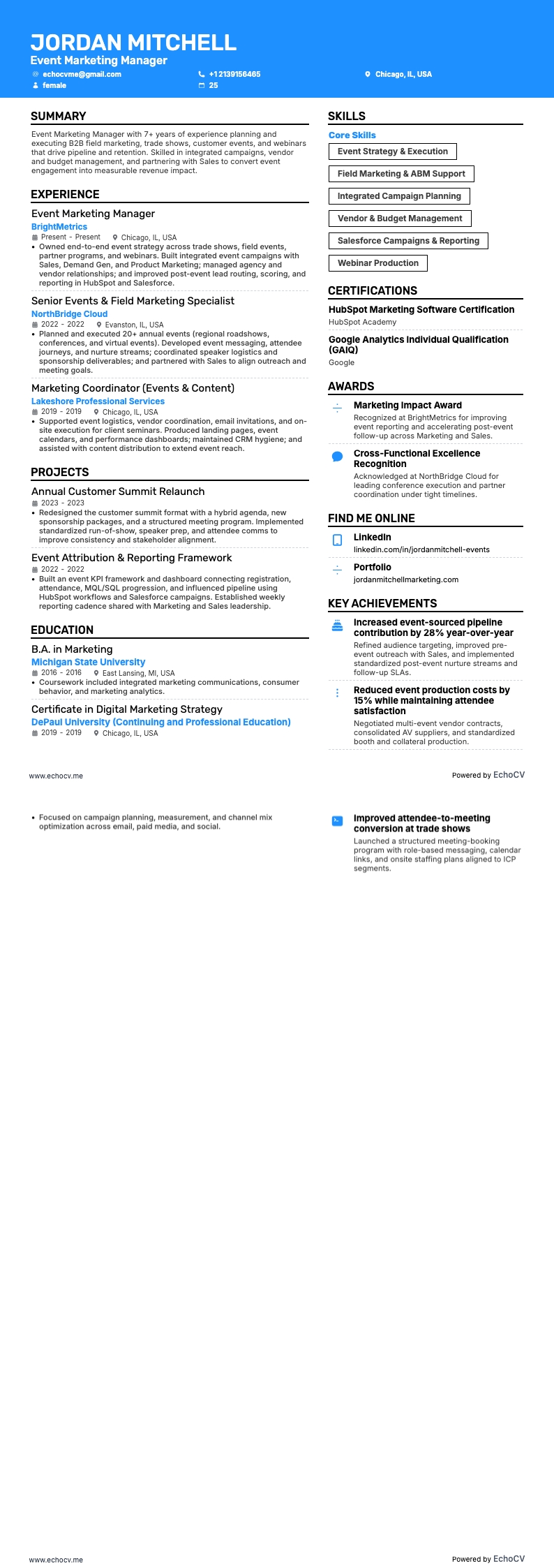 Quản lý marketing sự kiện example resume