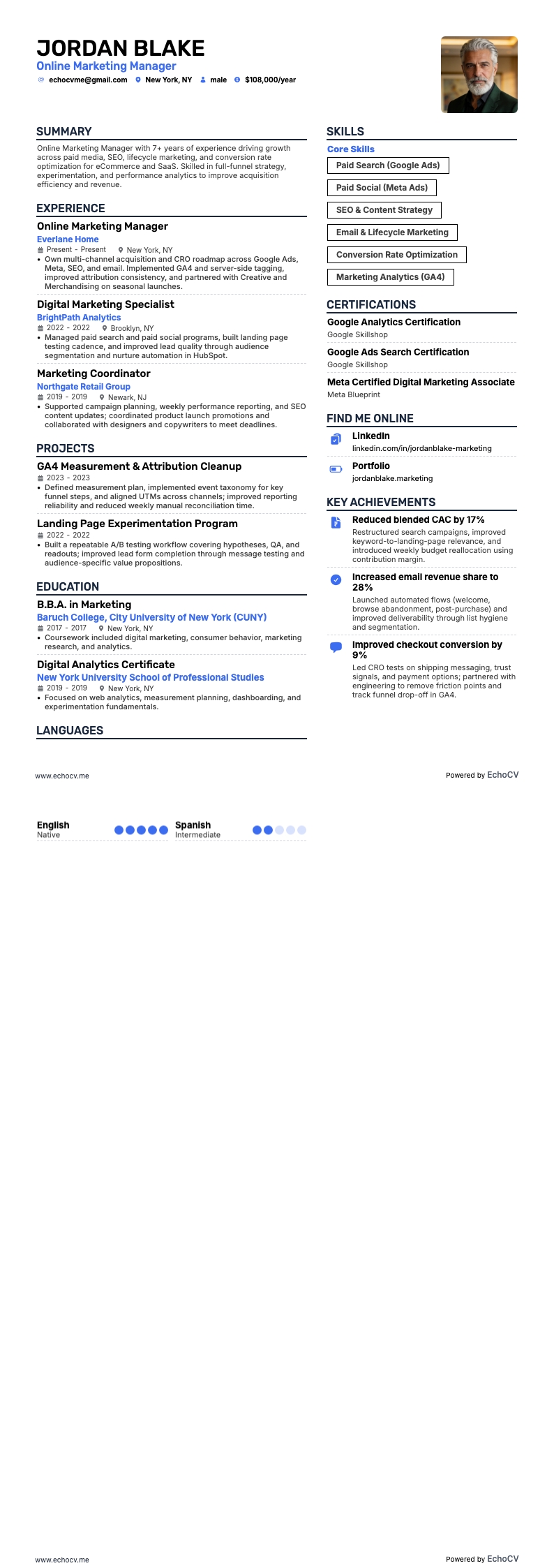 Quản lý Marketing Trực tuyến example resume