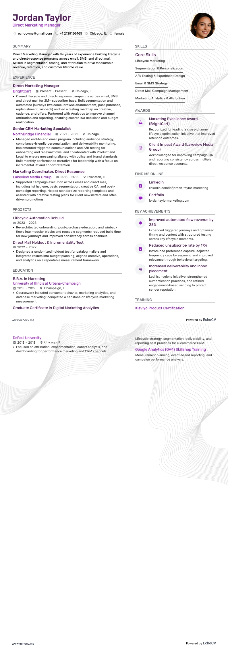 Quản lý tiếp thị trực tiếp example resume