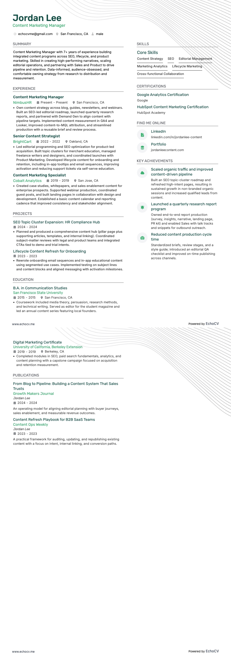 Quản lý marketing nội dung example resume