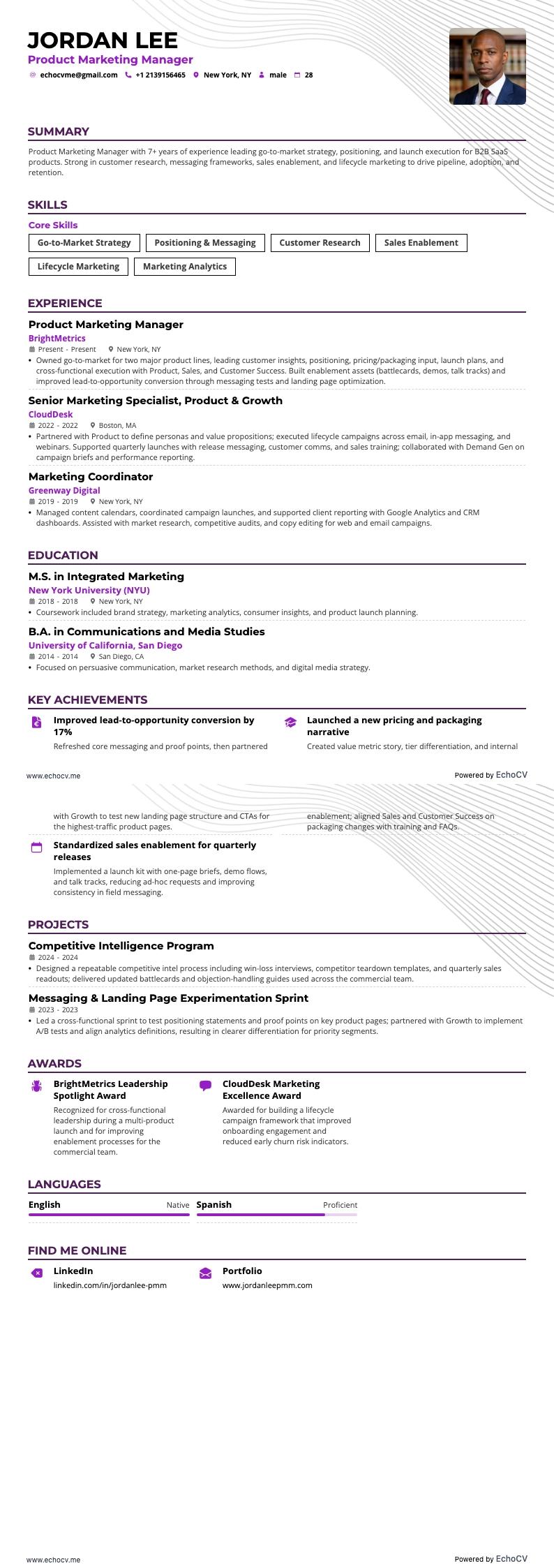 Quản lý Tiếp thị Sản phẩm example resume