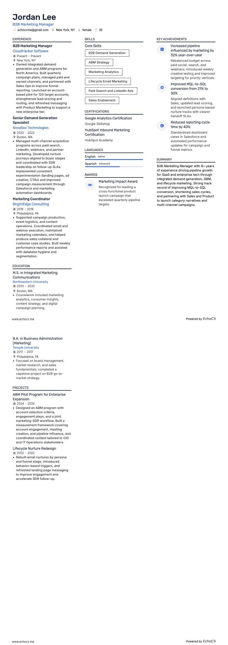 Quản lý Marketing B2B example resume