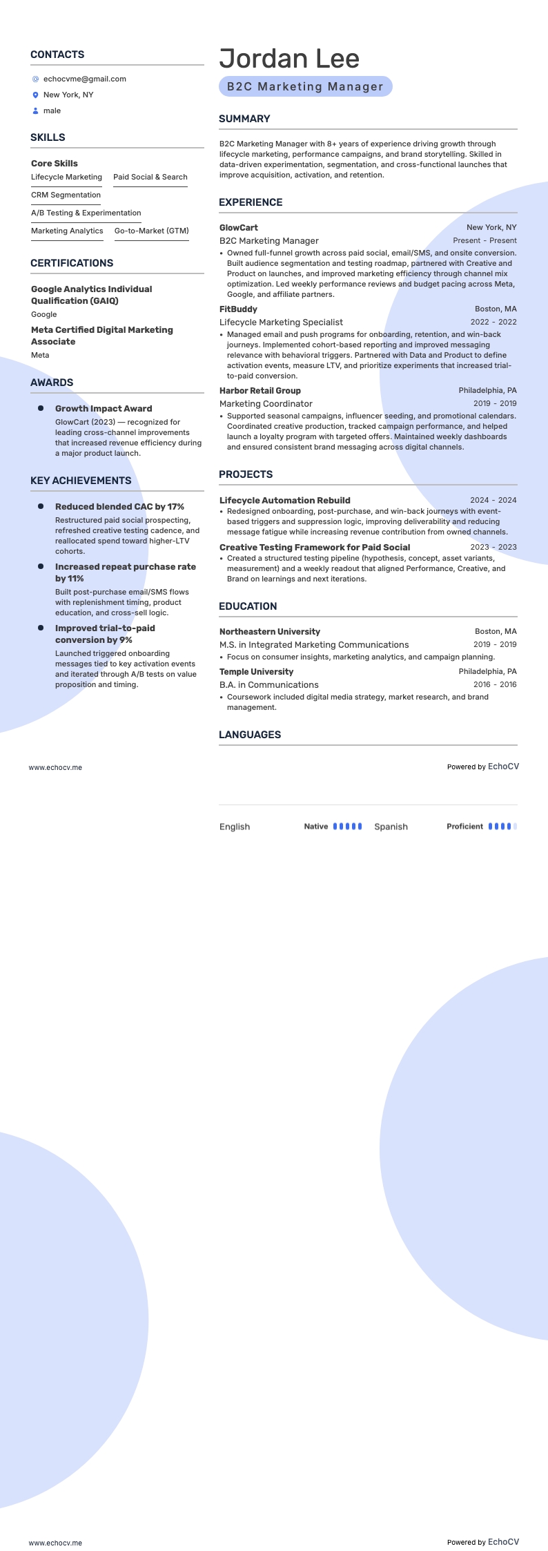 Quản lý Marketing B2C example resume