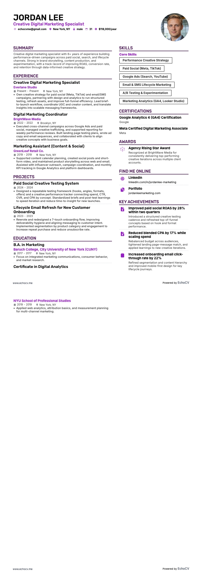 Creative Digital Marketing example resume