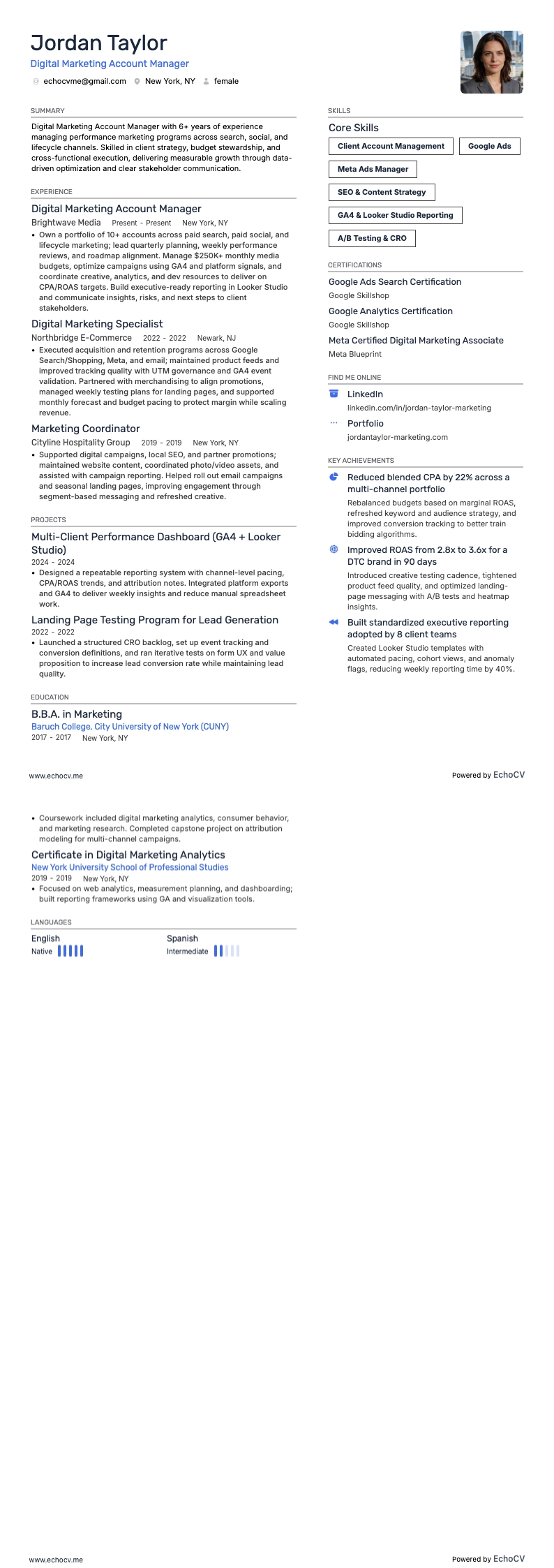 Digital Marketing Account Manager example resume