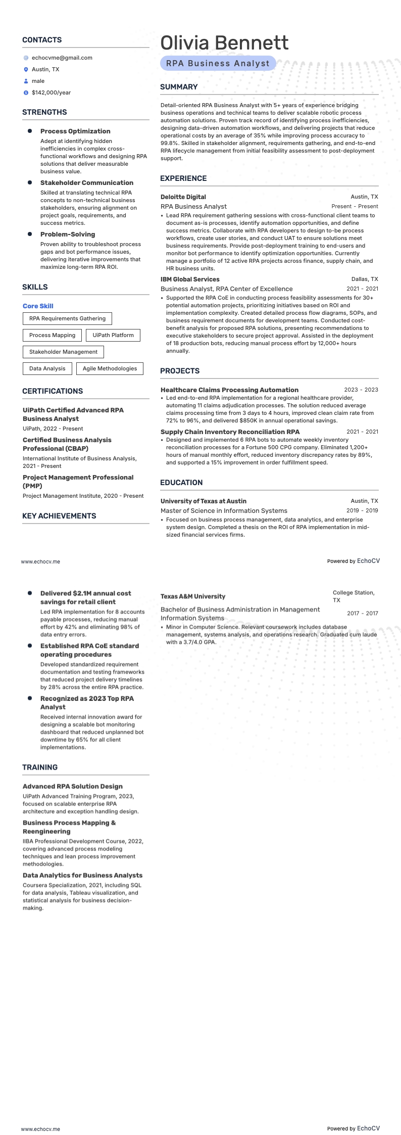 RPA Business Analyst example resume