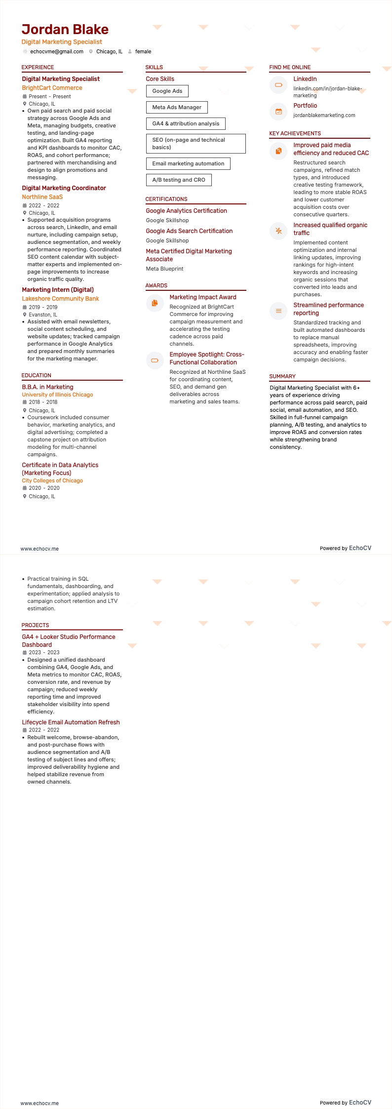 Digital Marketing Specialist example resume