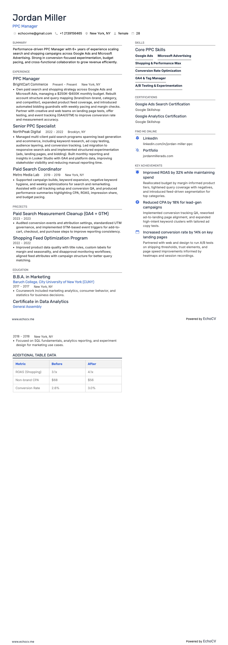 PPC Manager example resume