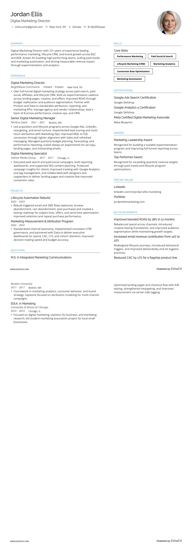 Digital Marketing Director example resume