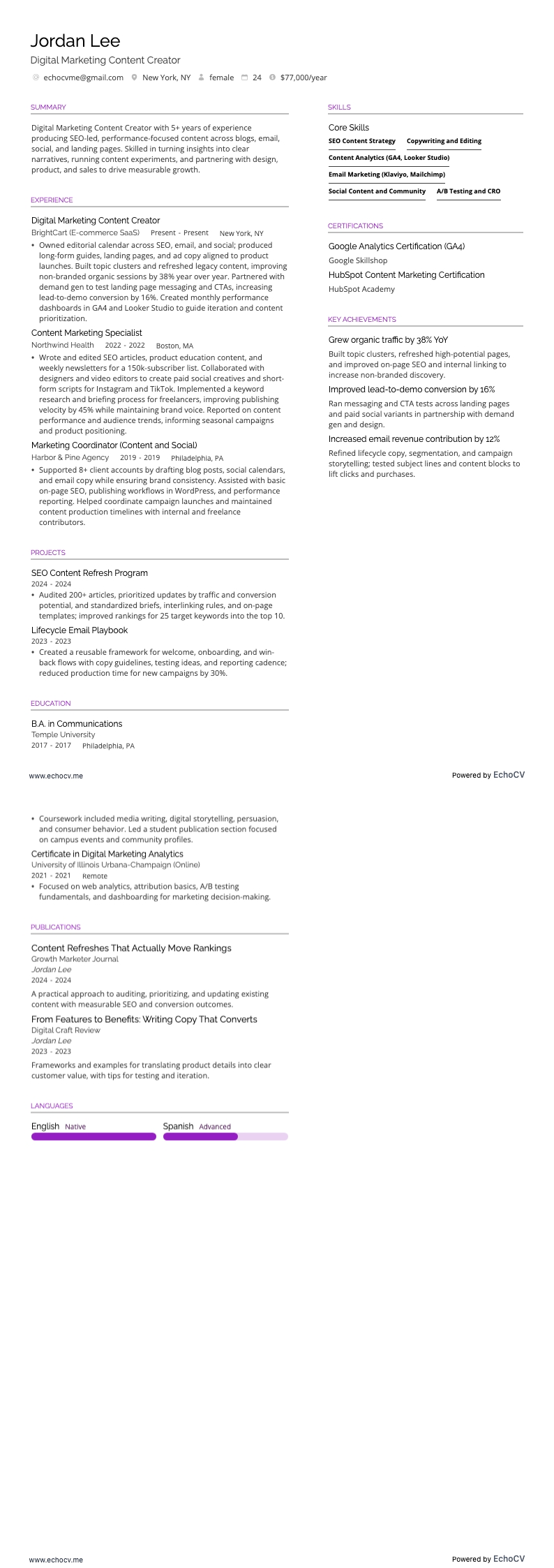 Digital Marketing Content Creator example resume