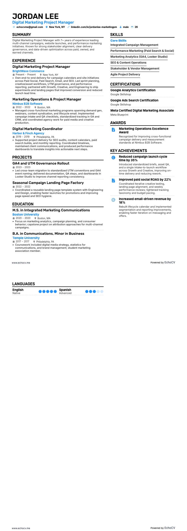 Digital Marketing Project Manager example resume