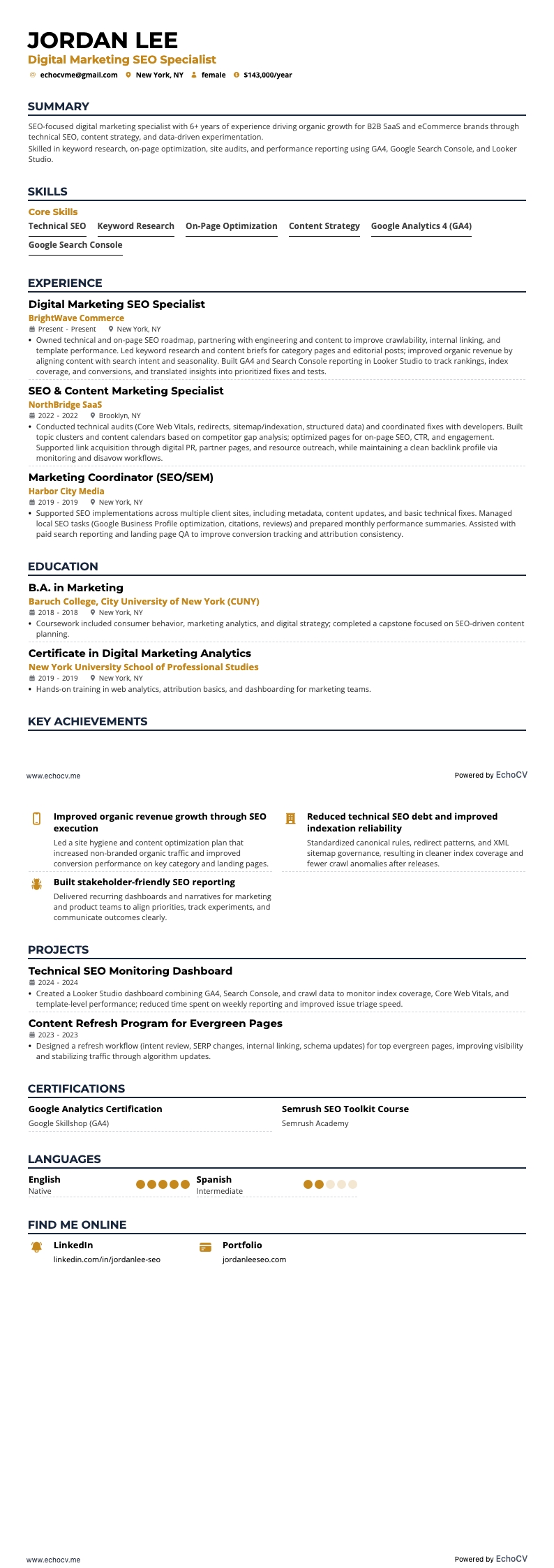 Digital Marketing SEO Specialist example resume