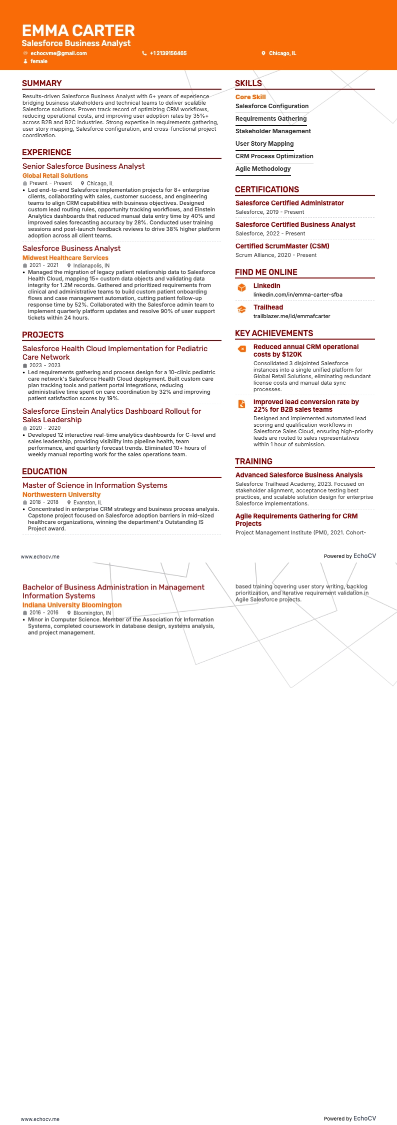 Salesforce Business Analyst example resume