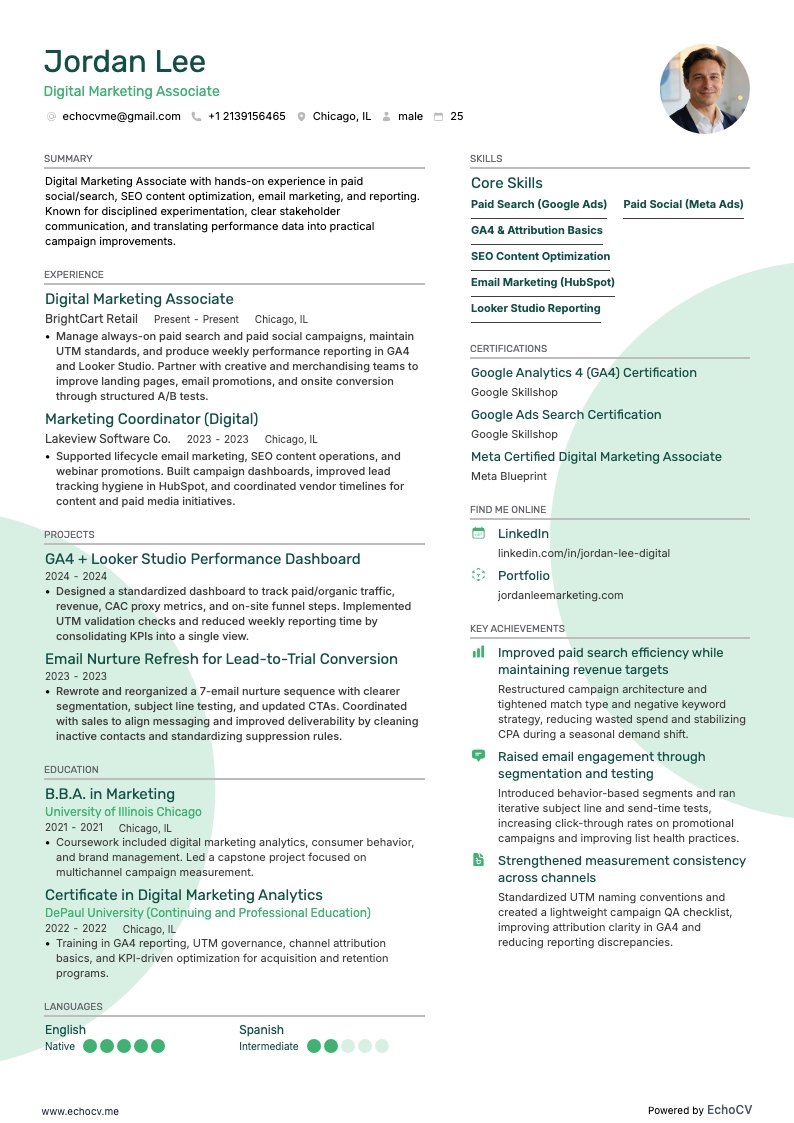 Digital Marketing Associate example resume