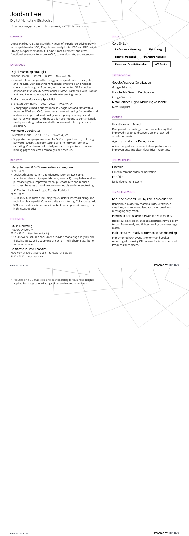 Digital Marketing Strategist example resume