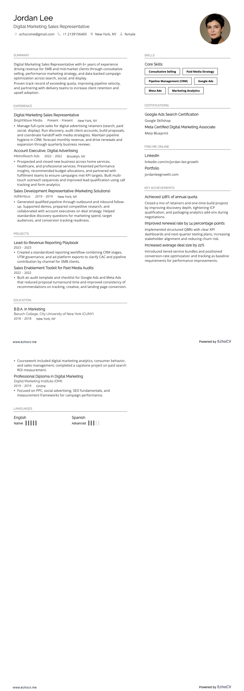 Digital Marketing Sales Representative example resume