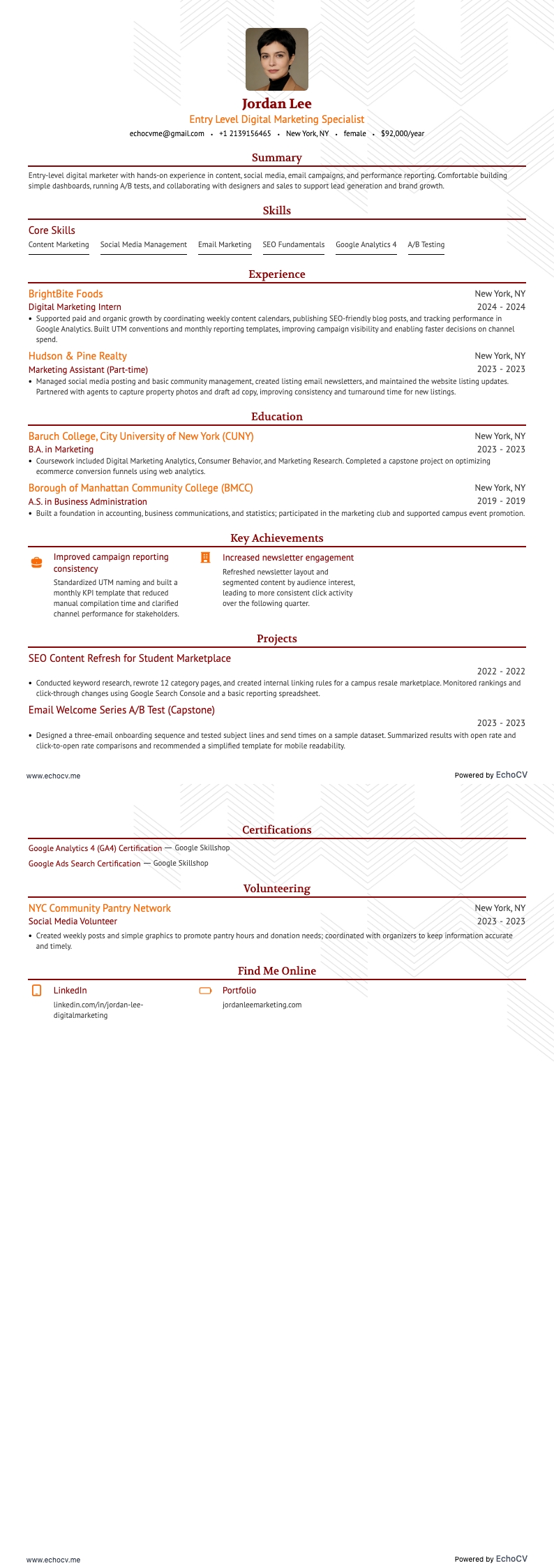 Entry Level Digital Marketing example resume