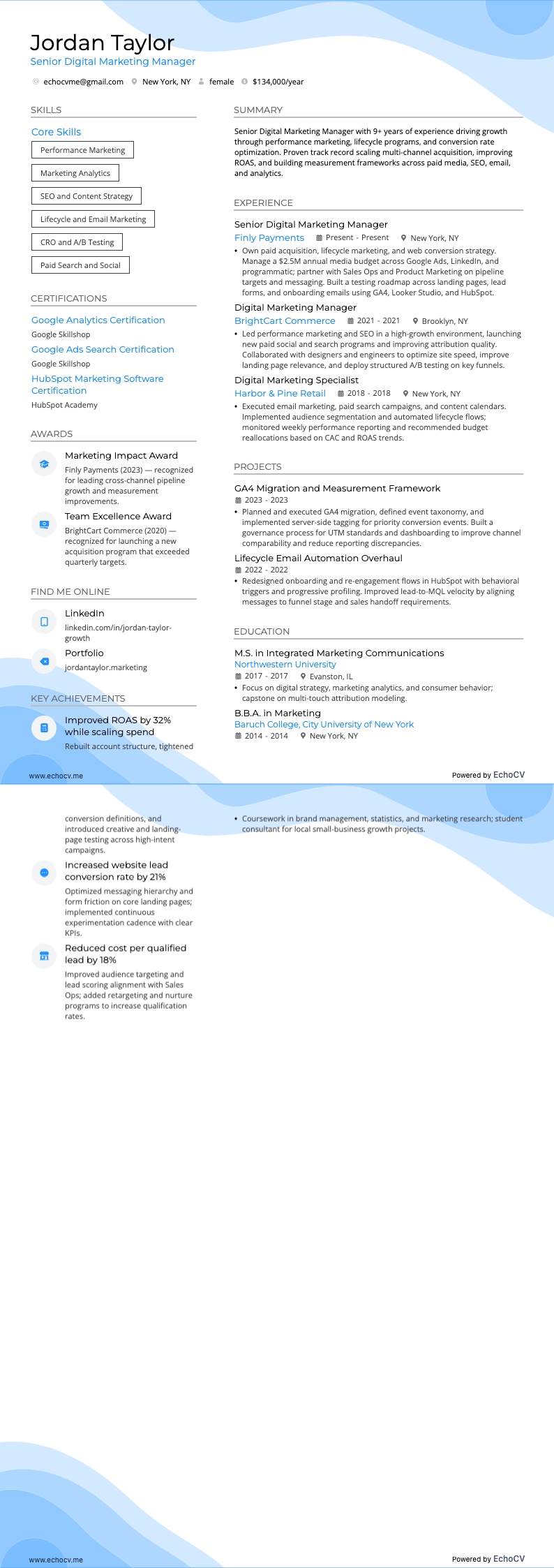 Senior Digital Marketing Manager example resume