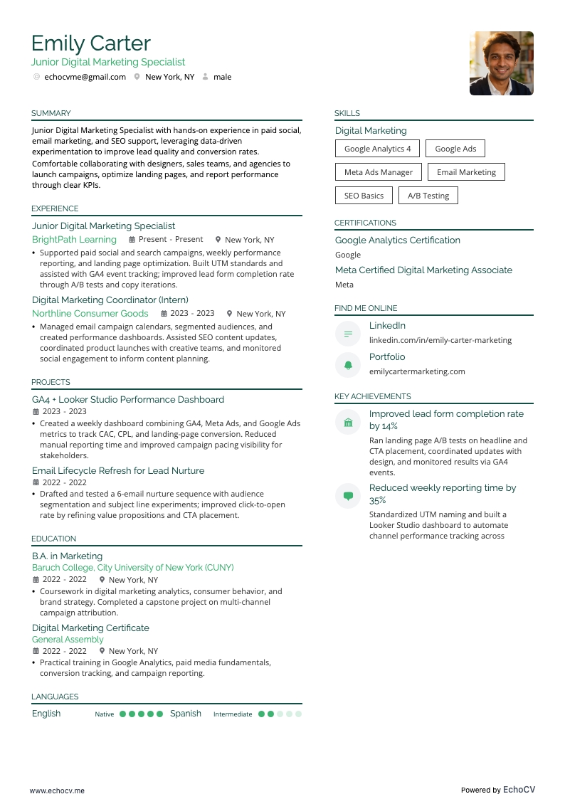 Junior Digital Marketing Specialist example resume