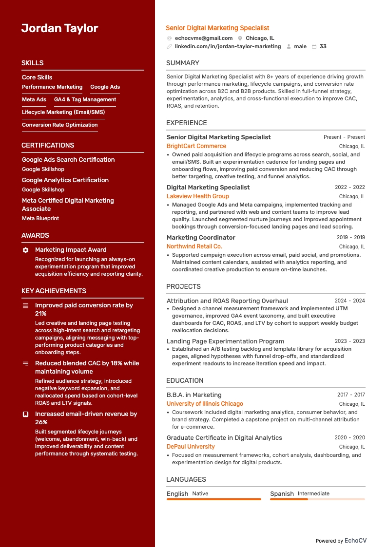 Senior Digital Marketing Specialist example resume