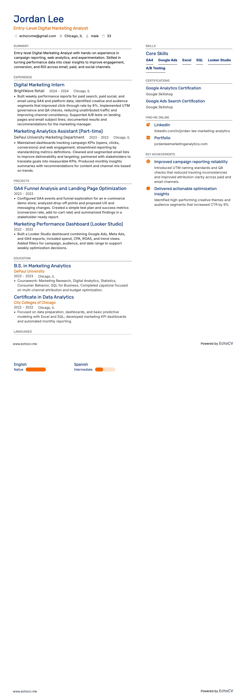 Entry-Level Digital Marketing Analyst example resume