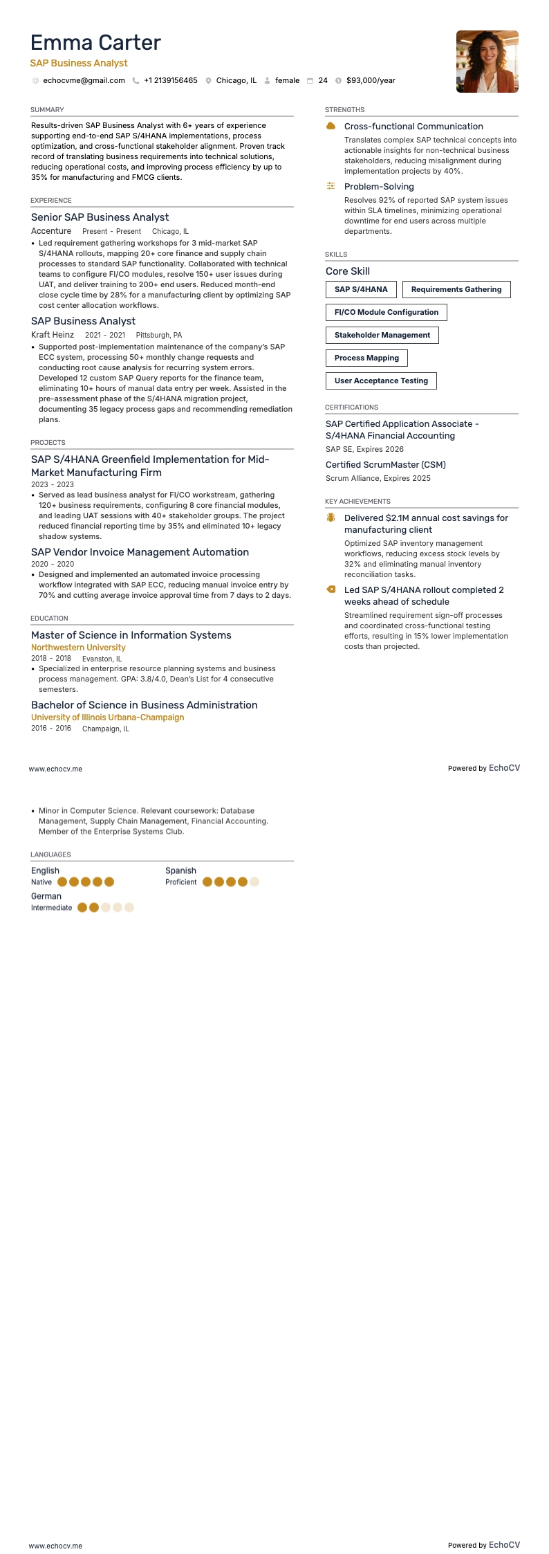 SAP Business Analyst example resume