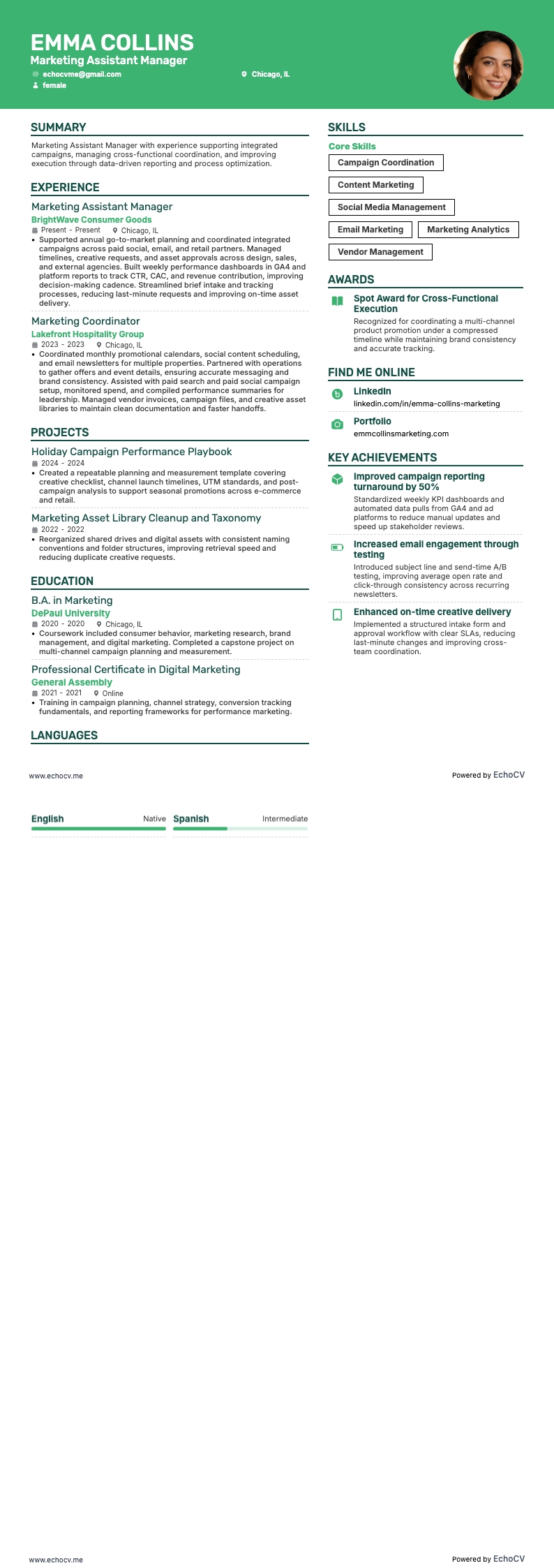 マーケティングアシスタントマネージャー example resume