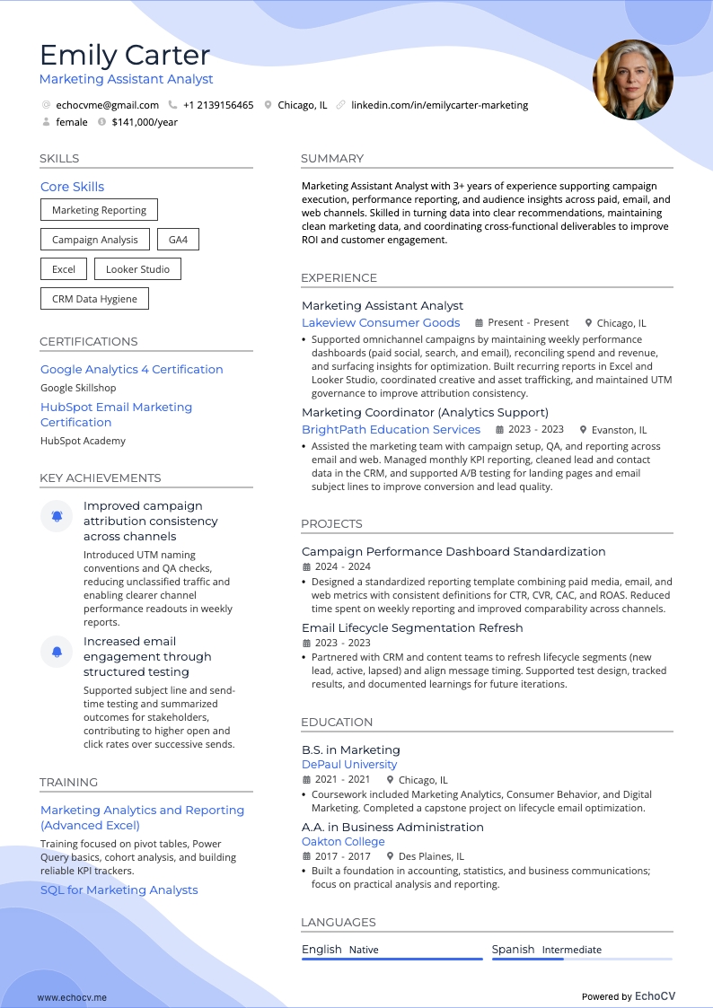 マーケティングアシスタントアナリスト example resume