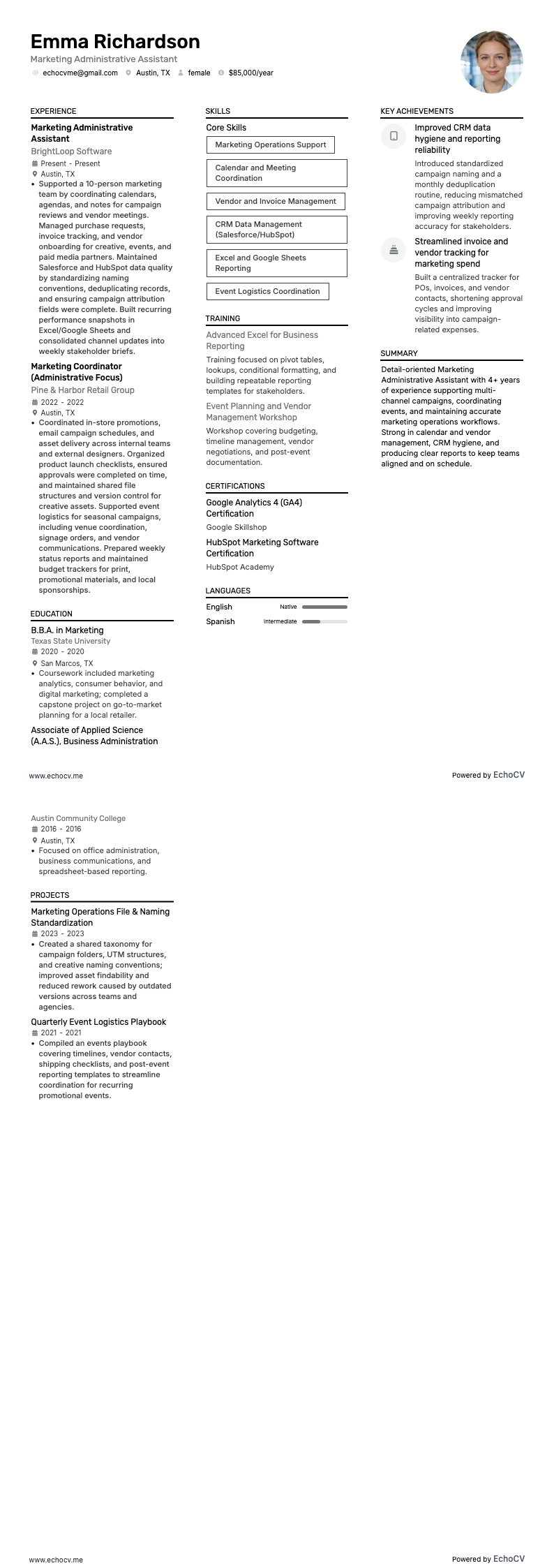 マーケティング事務アシスタント example resume